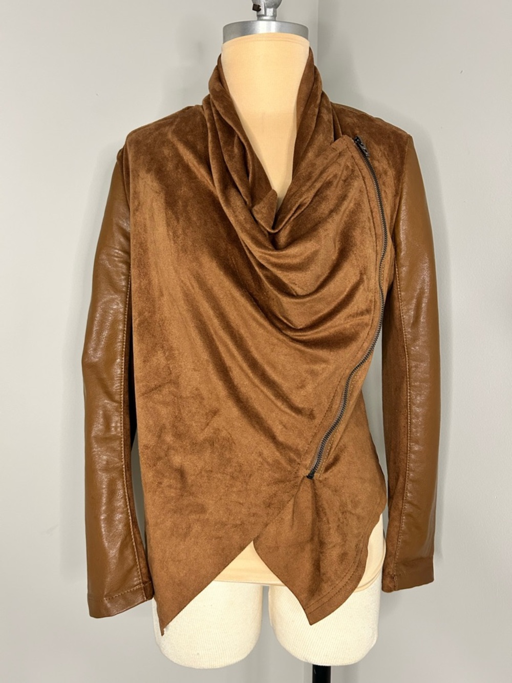 Blank NYC Faux Leather and Suede Camel Draped front Moto Jacket - Picture 2 of 14